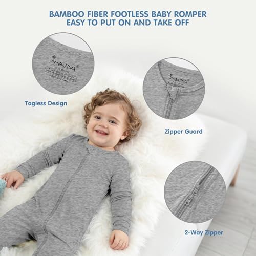 Jimonda Baby Romper Boys Girls Bamboo Pajamas 2-Way Zipper Footless Unisex Long - Image 2