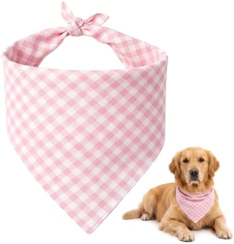 Pink Gingham Dog Bandana, Cotton Linen Adjustable Triangle Dog Scarf Plaid Pet by Unknown