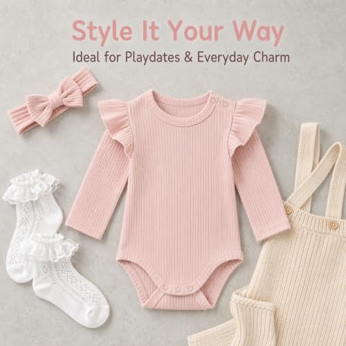 Baby Girl Knit Ruffle Outfit Clothes Ribbed 100% Organic Cotton Solid Color - Image 3