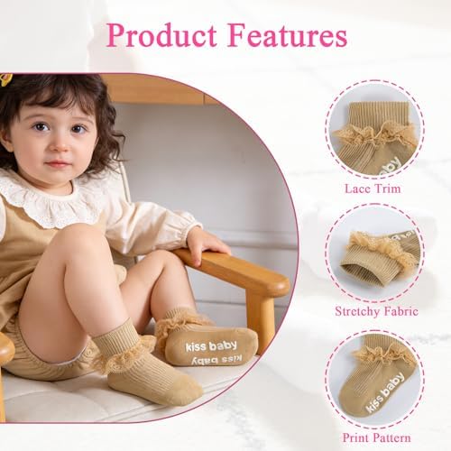 Baby Girl Ruffle Socks with Grips Lace Frilly Ankle Dress Socks - Image 4