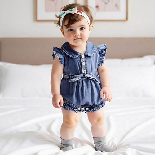 Baby Girl Denim Outfit Button Romper Jean Jumpsuit Shorts Overalls Toddler - Image 2