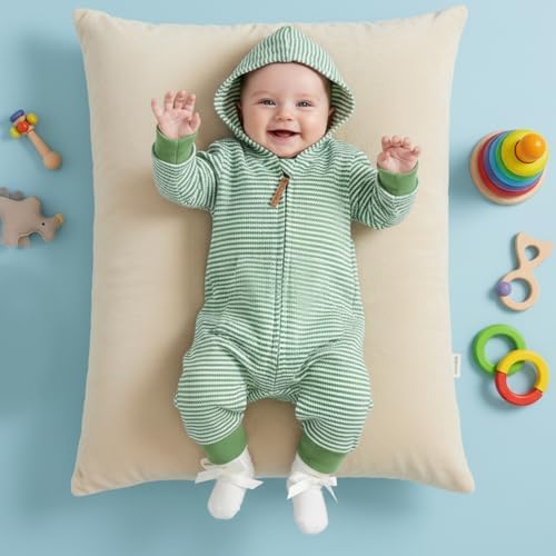 Newborn Infant Baby Boy Clothes Striped Waffle Knit Long Sleeve Zipper Hooded - Image 4