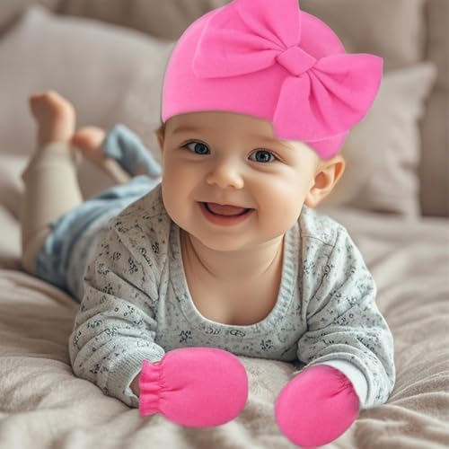 Newborn Baby Hats Mittens Sets Bow Infant Caps Gloves No Scratch Mitten Beanie - Image 5