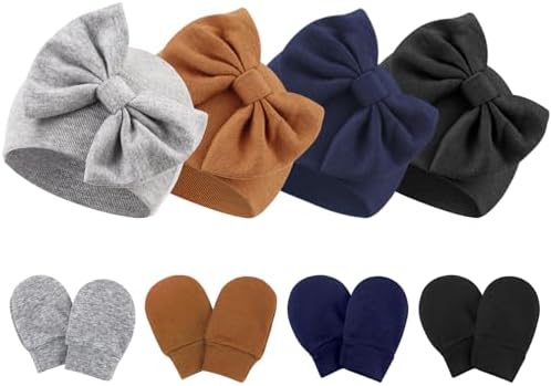 Newborn Baby Hats and Mittens Set Infant Bow Beanie Cap Toddler Gloves Newborn by AQOKKA