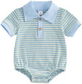 VISGOGO Baby Boy Striped Romper Waffle Short Sleeve Button Oversized Bodysuit by VISGOGO