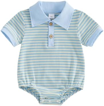 VISGOGO Baby Boy Striped Romper Waffle Short Sleeve Button Oversized Bodysuit by VISGOGO