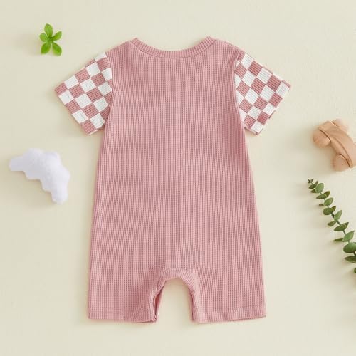 Newborn Baby Boy Girl Clothes Checkered Plaid Romper Waffle Knit Short Sleeve - Image 5
