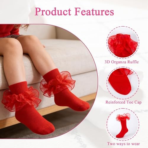 Baby Girls Ruffle Socks Double Layer Lace Turn Cuff Dress Socks - Image 4