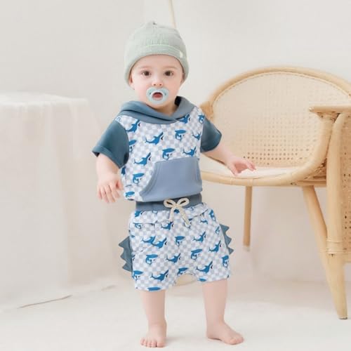 Toddler Baby Boy Hooded Dinosaur Summer Outfit Funny T-Shirt Shorts Set - Image 3