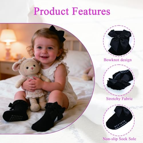 Baby Girl Socks, Ruffle Grip Bows, Toddler Newborn Infant, 6 Pairs - Image 5