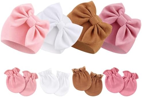 Newborn Baby Hats and Mittens Set Infant Bow Beanie Cap Toddler Gloves Newborn by AQOKKA