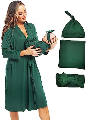 Maternity Robe with Matching Swaddle Blanket Set, Maternity Barhrobe Delivery by QTECLOR