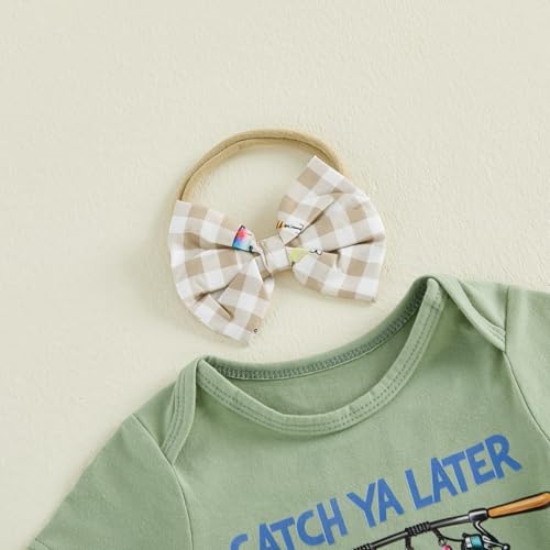 Newborn Baby Girl Fishing Outfit Fish Onesie Short Sleeve Romper Ruffle Plaid - Image 5