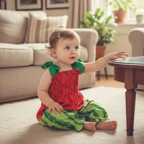 Baby Girl Watermelon Outfit Sleeveless Bubble Romper Strawberry Print Smocked - Image 3