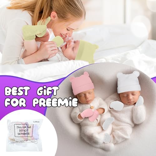 Cuffbow 4 Pcs Preemie Baby Hats Mittens and Socks Set Newborn Cotton Warm Socks - Image 6