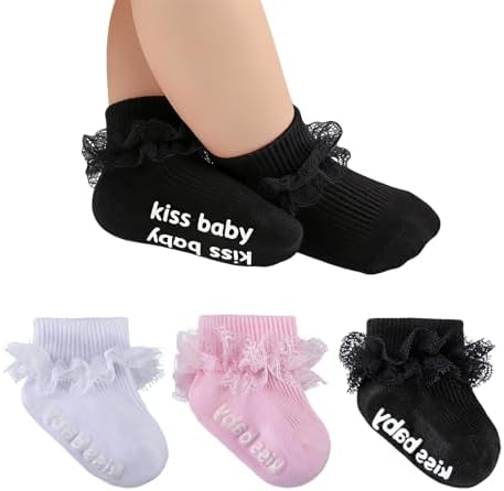 Baby Girl Ruffle Socks with Grips Lace Frilly Ankle Dress Socks by MKYSZLTSOCKS-EnjoyComfort