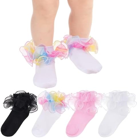 Topbuti 4 Pairs Baby Girls Ruffle Socks Double Lace Frilly Turn Cuff Cotton by Topbuti