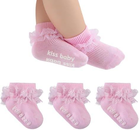Baby Girl Ruffle Socks with Grips Lace Frilly Ankle Dress Socks by MKYSZLTSOCKS-EnjoyComfort