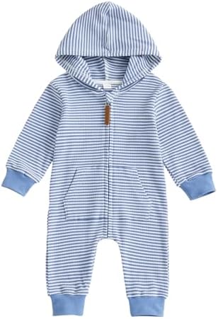 Newborn Infant Baby Boy Clothes Striped Waffle Knit Long Sleeve Zipper Hooded by Unknown