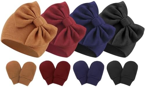Newborn Baby Hats and Mittens Set Infant Bow Beanie Cap Toddler Gloves Newborn by AQOKKA