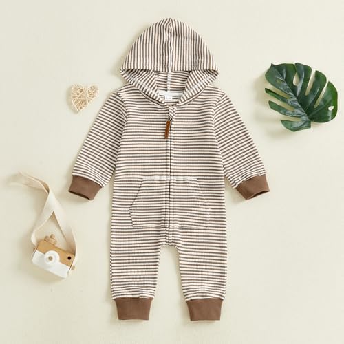 Newborn Infant Baby Boy Clothes Striped Waffle Knit Long Sleeve Zipper Hooded - Image 5