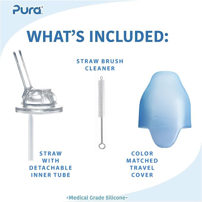 Pura Kiki 11oz/325ml Stainless Steel Straw Bottle w/Sleeve - 100% Plastic-Free, MadeSafe Certified, 100% Medical-Grade Silicone Straw for Kids, Toddlers, Preschoolers, Babies & Infant - New Rose
