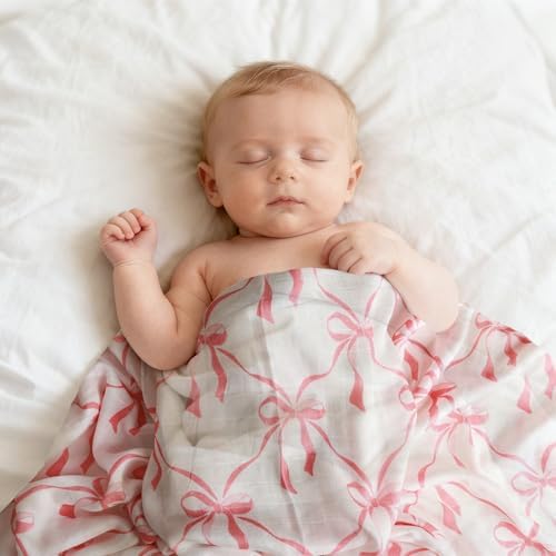 2 Pack Pink Bow Muslin Swaddle Blankets 70% Bambo 30% Cotton Breathable - Image 4
