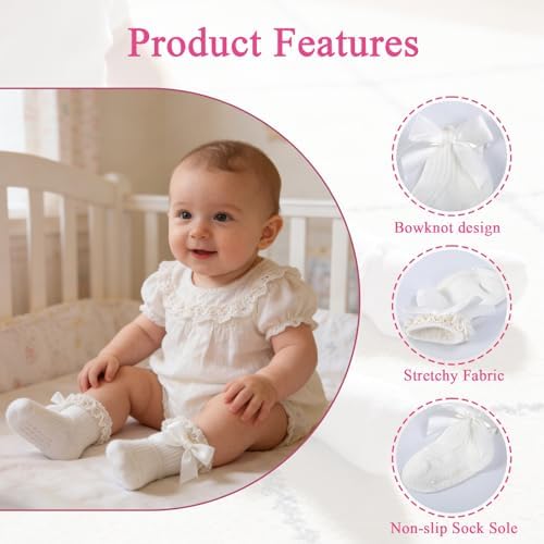 Baby Girl Socks, Ruffle Grip Bows, Toddler Newborn Infant, 6 Pairs - Image 4