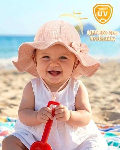 2 Pack Baby Sun Hat, Muslin Newborn Sun Hat UPF 50+ Sun Protection Infant Beach - Image 4