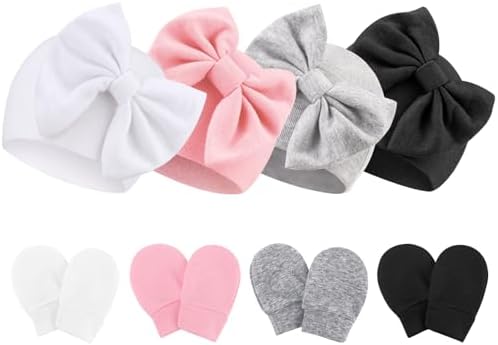 Newborn Baby Hats and Mittens Set Infant Bow Beanie Cap Toddler Gloves Newborn by AQOKKA