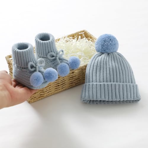 Baby Hats and Booties Set Newborn Knit Pompom Beanie Caps Shoes Winter - Image 5