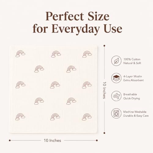 5-Pack 100% Cotton Muslin Baby Washcloths 10"X10", Rainbow | Ultra Soft - Image 3