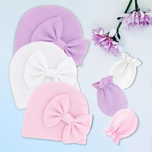 Newborn Baby Hats Mittens Sets Bow Infant Caps Gloves No Scratch Mitten Beanie - Image 6