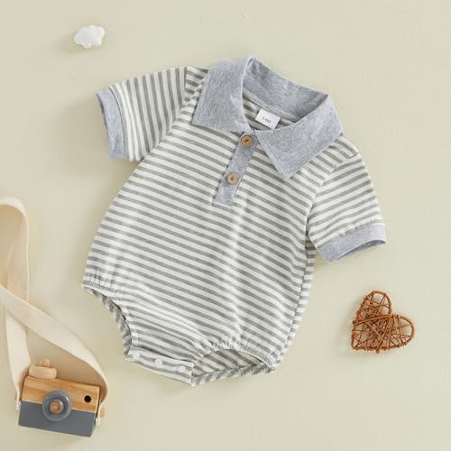 VISGOGO Baby Boy Striped Romper Waffle Short Sleeve Button Oversized Bodysuit - Image 5