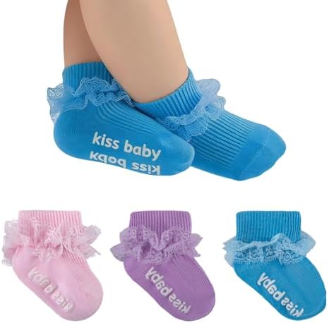 Baby Girl Ruffle Socks with Grips Lace Frilly Ankle Dress Socks by MKYSZLTSOCKS-EnjoyComfort