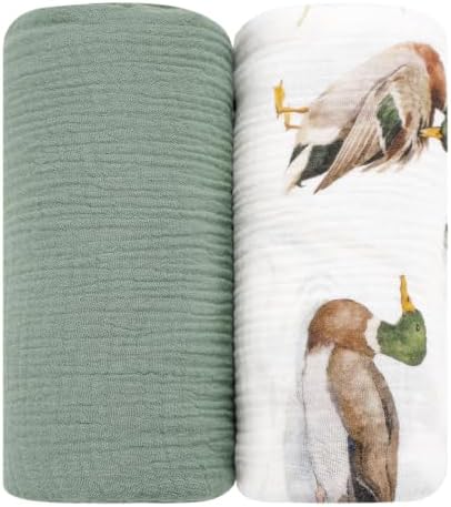 Muslin Swaddle Blankets for Girls Boys 2 Pack, Mallard Duck & Green by CARUILI