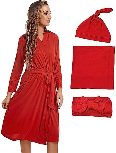 Maternity Robe with Matching Swaddle Blanket Set, Maternity Barhrobe Delivery by QTECLOR