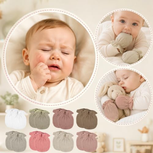 8Pack Newborn Baby Muslin Mittens No Scratch Elastic Wrist Soft Gloves Bulk - Image 3