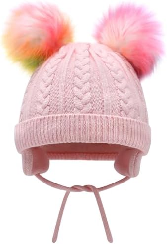 Duoyeree Toddler Winter Hat, Earflap Double Pom Pom Knit Beanie 0-36M - Image 2
