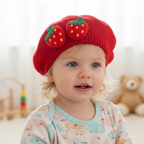 Red Strawberry Knitted Beret Hat, Toddler French Style Knit Hat, Baby Cute Bow - Image 2