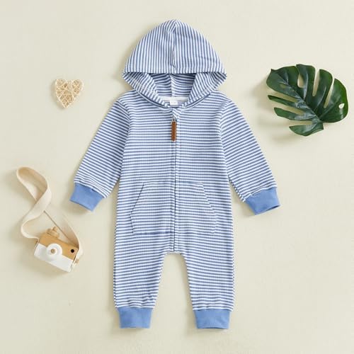 Newborn Infant Baby Boy Clothes Striped Waffle Knit Long Sleeve Zipper Hooded - Image 5