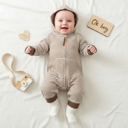 Newborn Infant Baby Boy Clothes Striped Waffle Knit Long Sleeve Zipper Hooded - Image 3