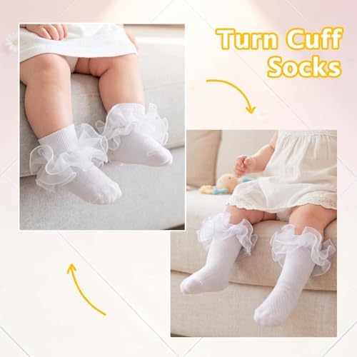 Baby Girls Ruffle Socks Double Layer Lace Turn Cuff Dress Socks - Image 6
