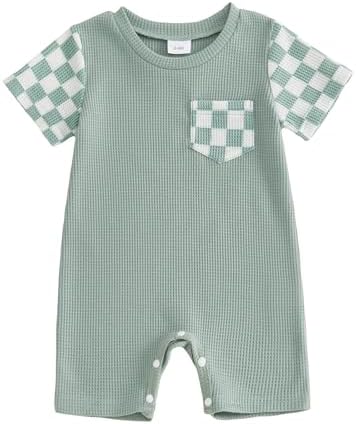 Newborn Baby Boy Girl Clothes Checkered Plaid Romper Waffle Knit Short Sleeve by Doqcey