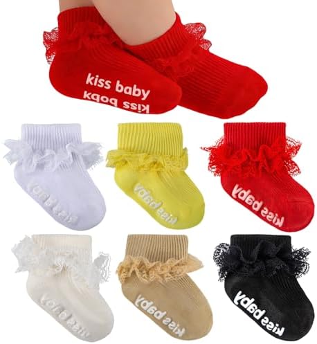 Baby Girl Ruffle Socks with Grips Lace Frilly Ankle Dress Socks by MKYSZLTSOCKS-EnjoyComfort