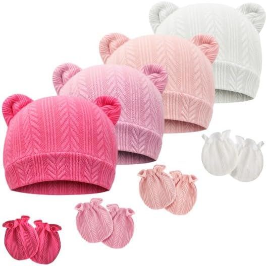 Newborn Baby Hat and Mittens Set Bear Ears Toddler Infant Beanie Caps Newborn by AQOKKA