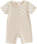 Newborn Baby Boy Girl Clothes Checkered Plaid Romper Waffle Knit Short Sleeve by Doqcey