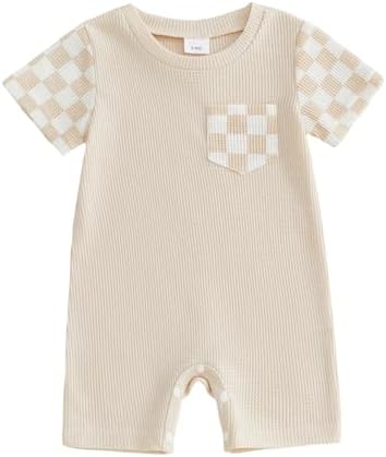 Newborn Baby Boy Girl Clothes Checkered Plaid Romper Waffle Knit Short Sleeve by Doqcey