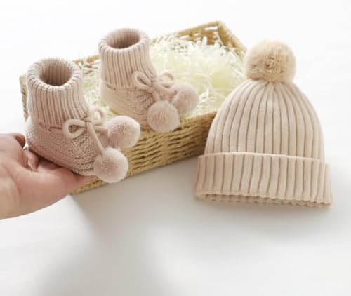 Baby Hats and Booties Set Newborn Knit Pompom Beanie Caps Shoes Winter - Image 5