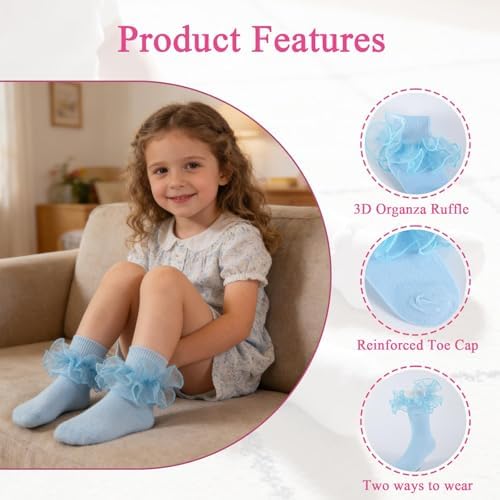 Baby Girls Ruffle Socks Double Layer Lace Turn Cuff Dress Socks - Image 4